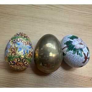 Cloisonné Egg + Brass Egg + Floral Enamel Egg Vintage Decorative Set